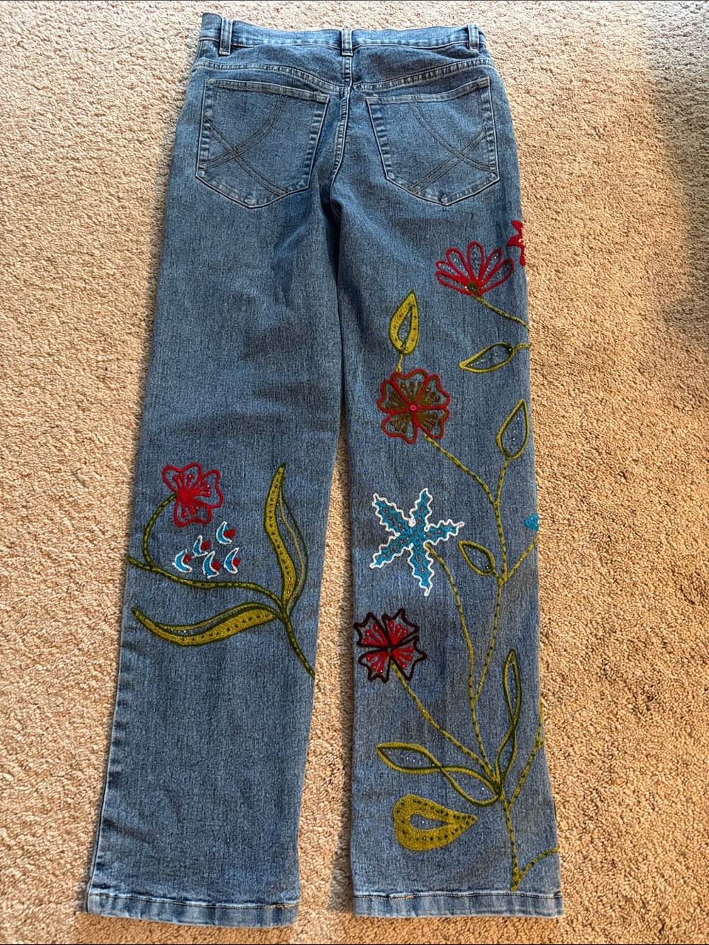 Vintage Y2K Pure Gold Floral Embroidered Beaded Jeans Size 4 boho festival denim - Picture 5 of 8